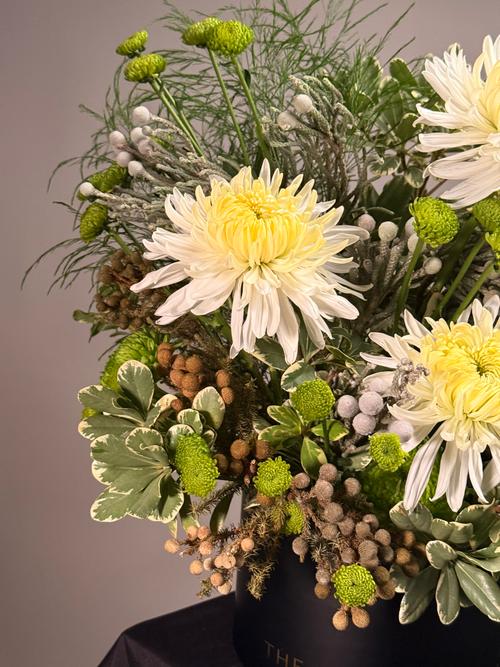 Close-up detail of Ash Garden box arrangement showing chartreuse pompom mums and silver brunia