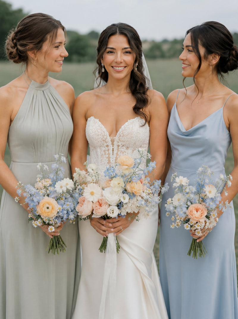Bridal party holding seasonal bouquets at a fine art wedding