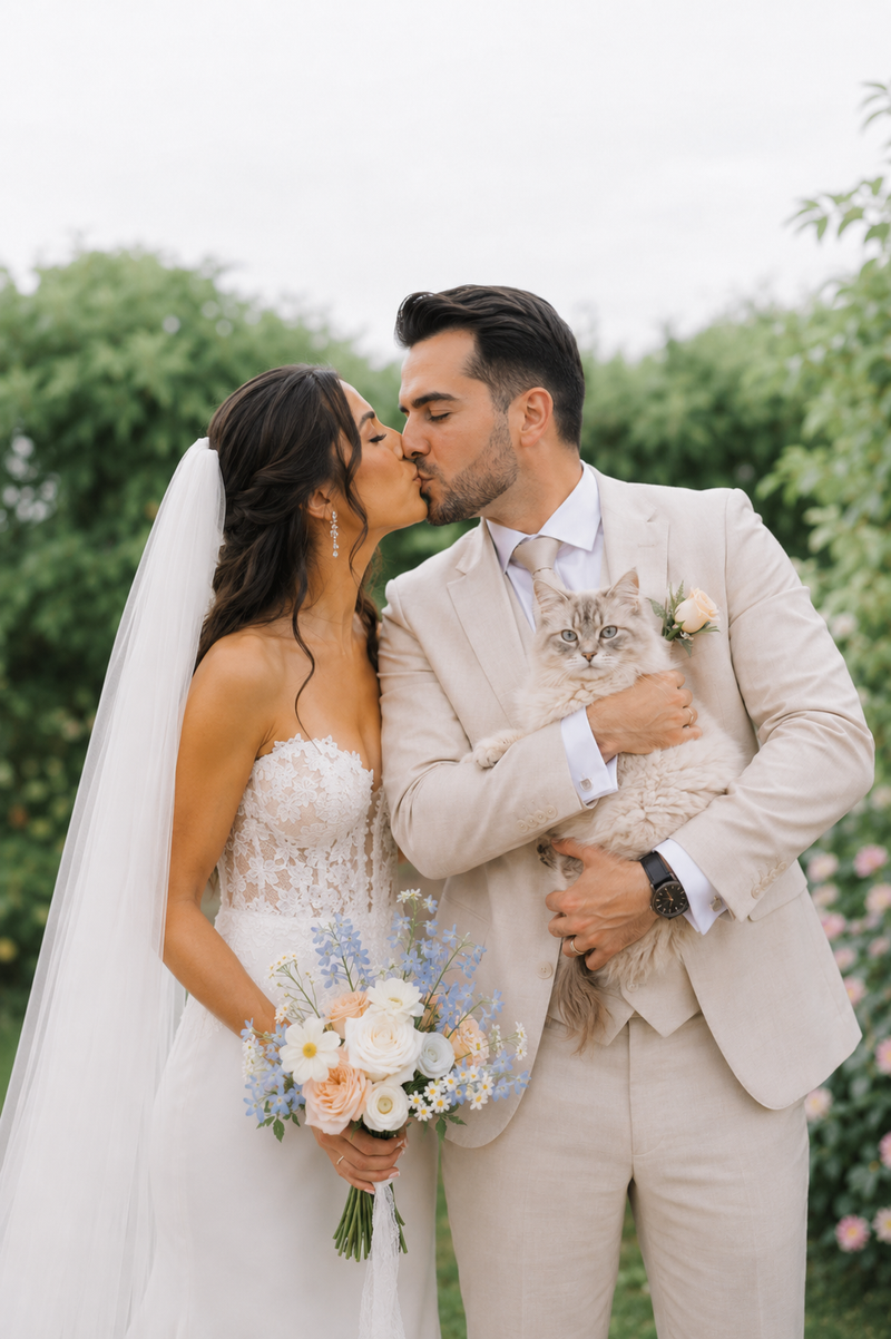 Bride and groom portrait with seasonal wedding flowers
