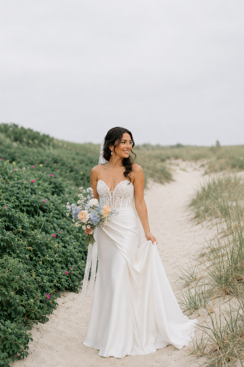 Bride holding a bouquet during a coastal wedding portrait session