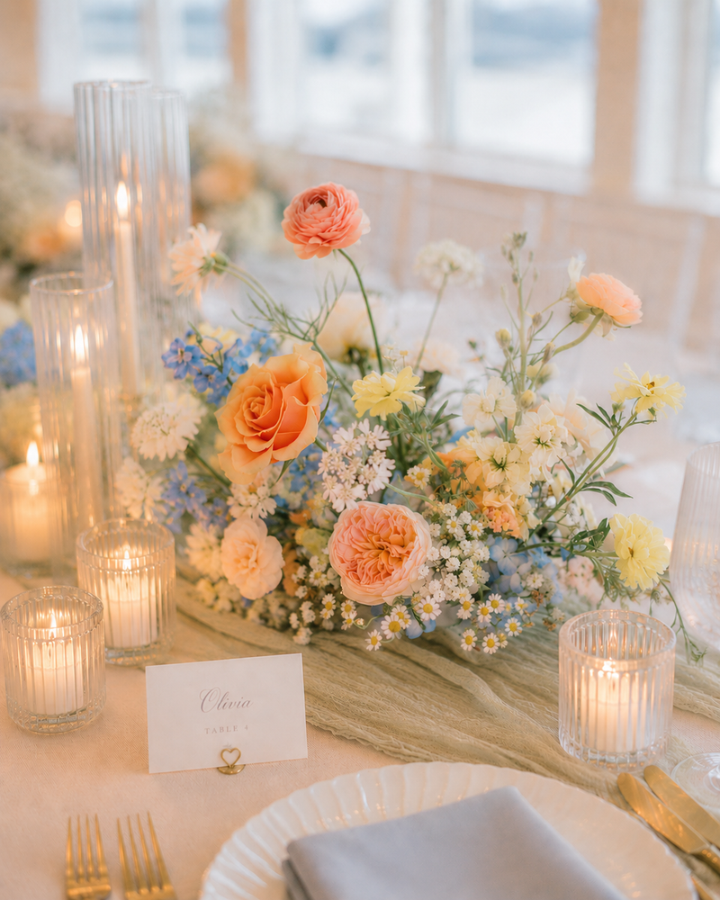 Fine art wedding centerpiece with peach and blue seasonal flowers
