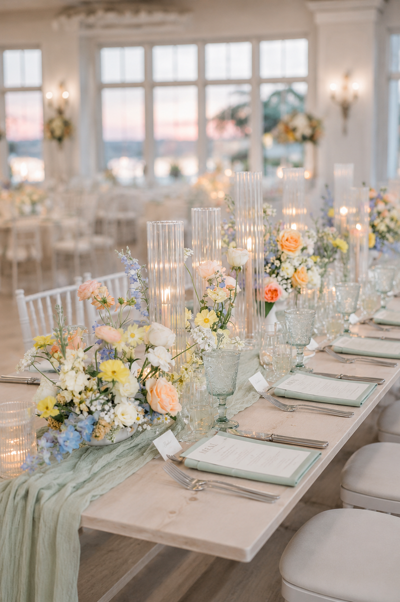 Elegant wedding reception tablescape with seasonal floral arrangements
