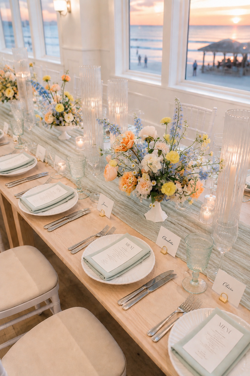 Wedding table styling with floral centerpieces and place settings
