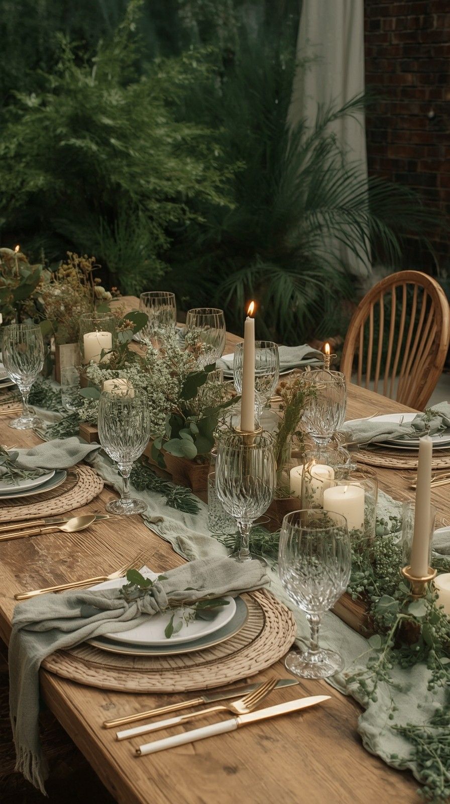 Garden event tablescape with candlelight, greenery, and natural floral styling